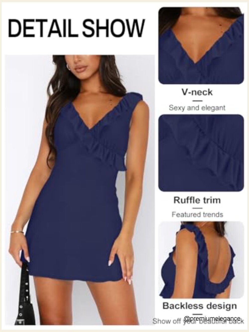 V-Neck Sleeveless Backless Ruffles Mini Dress Bodycon Cocktail Party - Picture 4 of 5